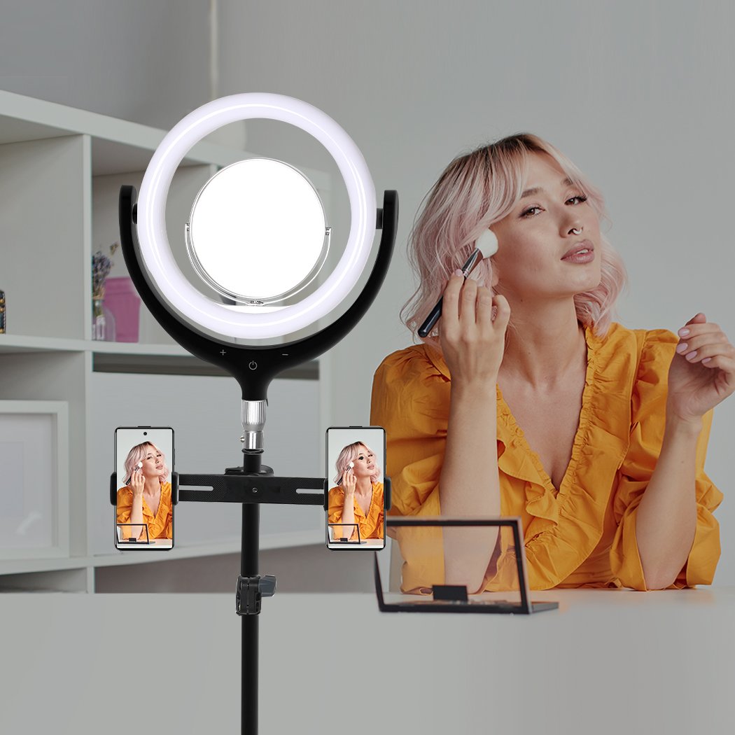 LED Ring Light with Tripod Stand and Phone Holder, showcasing adjustable brightness and color temperature features.